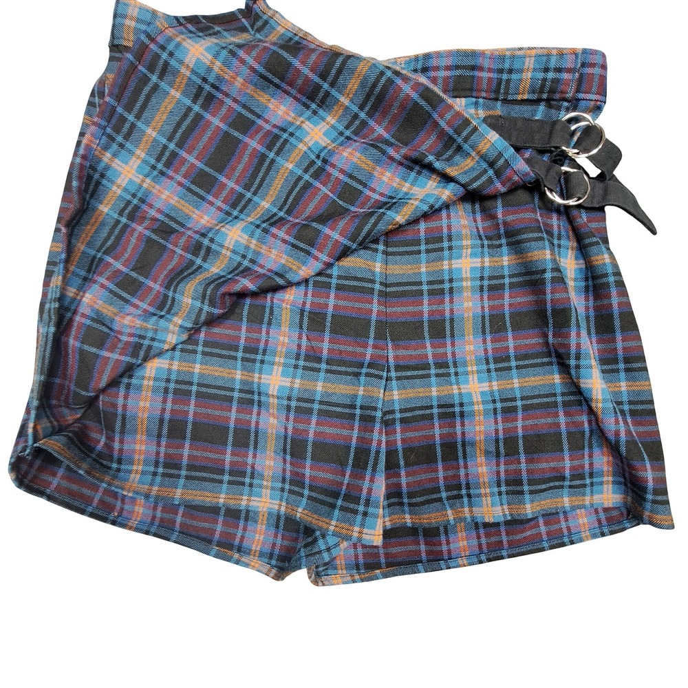 SO Goods For Life Blue Plaid Wrap Skort Mini Skirt Buckle Detail Size 11